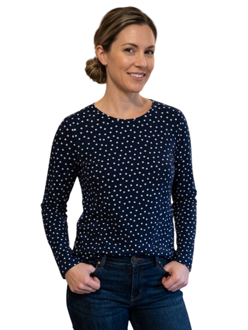 Talbots Polka Dot Crewneck Top Navy Blue White Stretch Petite MP
DD